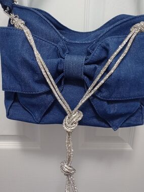 Cute Navy Blue Denim  Shoulder Bag with Rhinestone Handbags Straps NEW
